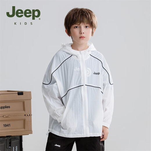 Jeep children's sun protection clothing 2025 summer new breathable skin clothing boys and girls sun protection clothing hooded thin jacket white 110 cm