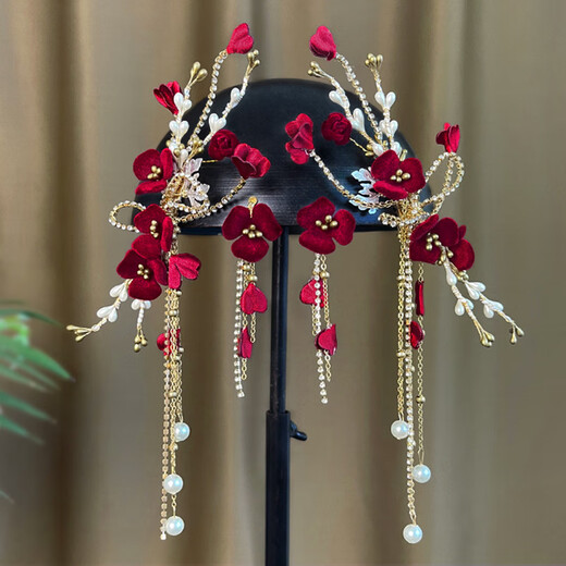 Bridal headdress, red hairpin, wedding dress, super fairy hair accessories, toasting suit, atmospheric forest style side clip for women, bridal flower hairpin set