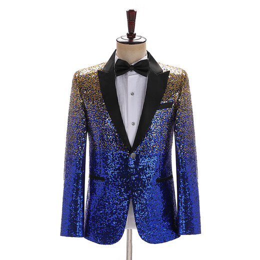 Zhehan host male singer performance clothing colorful gradient sequin suit top men's stage style shiny catwalk blue_gold L