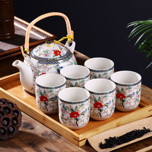 Guai Japanese style teapot tea set Jingdezhen ceramic complete set teapot teacup 6 pieces for home use Chinese classical Chinese knot (not including tray) 7 pieces