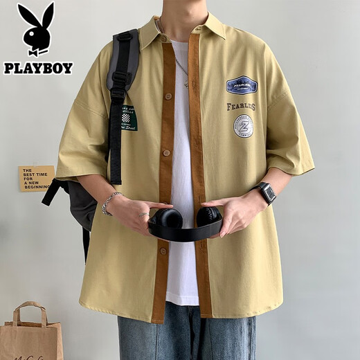花花公子冰丝工装短袖衬衫男夏季薄款潮流男士宽松休闲衬衣外套上衣服男装 CY56浅灰色 XL