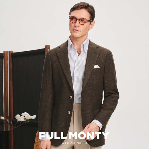 FULL MONTY羊毛西装外套男士绿色人字纹西服上衣休闲单西 绿色3375 44