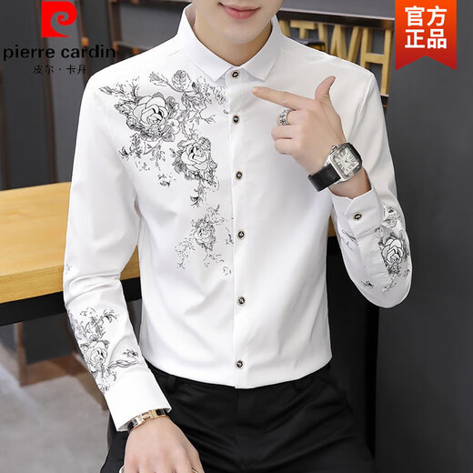 Pierre cardin spring and autumn new long-sleeved shirt men's embroidered professional shirt business casual non-scalding anti-wrinkle trendy men's top knitted 829 black L (165)