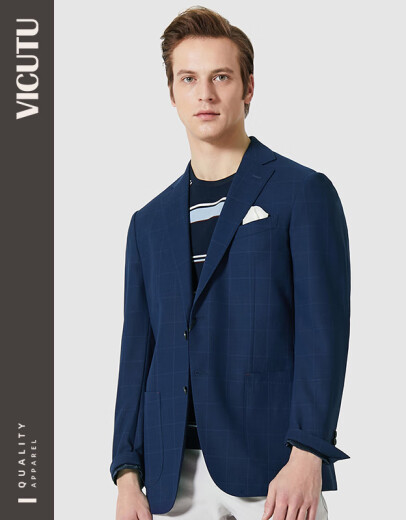 VICUTU men's comfortable wool fabric single suit business casual plaid suit jacket VBS17110310 blue 175/100C