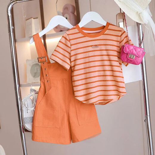 Qinyue (QINYUE) children's overalls suit for summer, Korean style, fashionable and western-style for girls and older children, 2023 new casual little girl two-piece set, single-piece buckle striped overalls skirt pink, size 140, recommended height 130cm