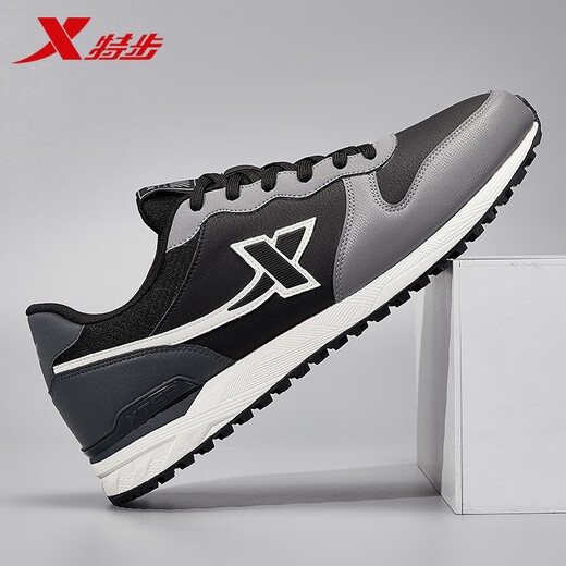 XTEP-Herrenschuhe, Sportschuhe, Herbst-Lederschuhe, Laufschuhe, nicht rutschfeste Kear-resistente Netzschuhe, lässige Jogging-Schuhe, Herrenschwarz/Rauchgrau/Holzkohle Ash-722 43 43