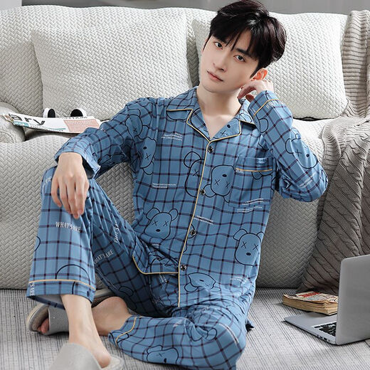Pajamas de hombres modales para mangas de algodón puro de primavera y otoño de algodón largo de gran tamaño, otoño delgado e invierno, se pueden usar ropa de ropa para el hogar.