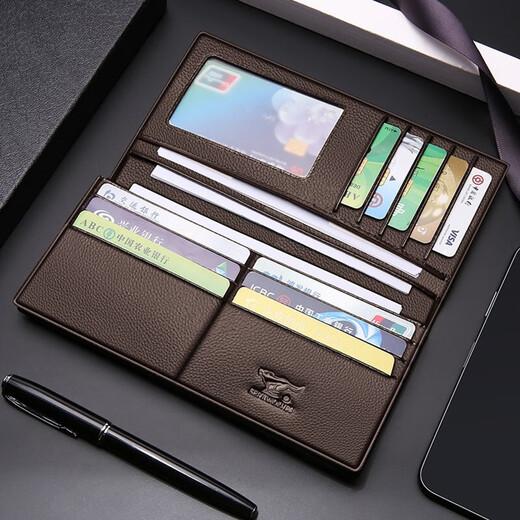 Septwolves New Year's gift for men, wallet, card holder, genuine leather long wallet, large capacity, first layer cowhide for dad, for husband, brown long metal wolf logo