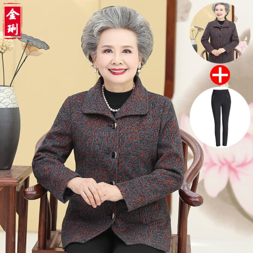 Jinli JL middle-aged and elderly women's mother's clothing 2020 autumn and winter grandma's clothing plus velvet long-sleeved coat tops mother-in-law 60-80 years old two-piece coat old lady's suit green thin strips [regular style] Do not take pictures with this size, please take pictures with your own size