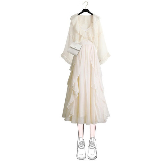 XUEFEILANQI French dress new 2025 skirt summer women's clothing temperament beautiful fairy gentle suspender long skirt apricot top + apricot gauze skirt L [100-120Jin[Jin equals 0.5 kg]]