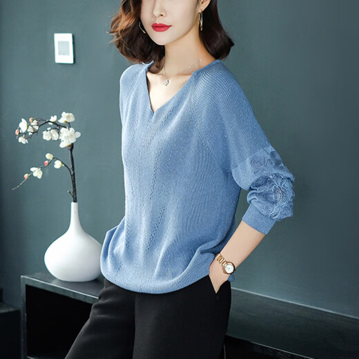 Cloud Story Spring and Autumn Thin Pullover Sweater Women's Loose Long-Sleeved V-neck Outer Sweater Bottoming Shirt Women's Blue 3XL (Recommended 131-145 Jin [Jin equals 0.5 kg])