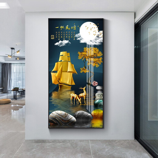 Xiao Lulin Light luxury entrance decoration painting New Chinese style entrance painting aisle corridor mural Nordic abstract elk hanging painting crystal porcelain painting 14087 smooth sailing Diamond inlay painting 100*200 cool black (customized size)