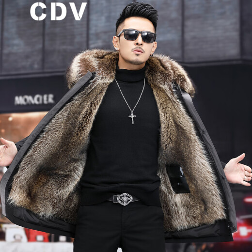 New style parka fur coat men's mid-length Haining fur one-piece raccoon fur liner winter casual coat black 185/3XL