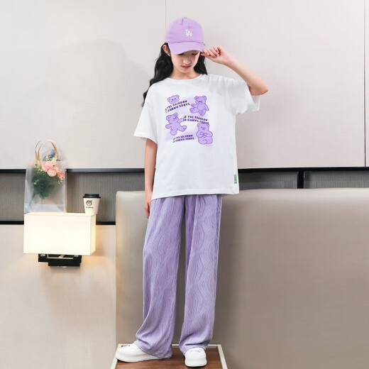 Pig Pitt (Pig/Peter) Mädchen Sommer Kurzarm Set 2025 Neue modische Kinderkleidung mittelgroße Kinder zweiteilige Kinder-Set Casual Summer Clothing 15009 Purple + 9889 Weiß 170 cm