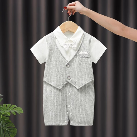 Dora Mag baby one-piece male baby gentleman's clothes spring and autumn baby one-month-old dress newborn baby one-year-old dress heather gray (summer thin fake two pieces) 6M recommended for about 6 months