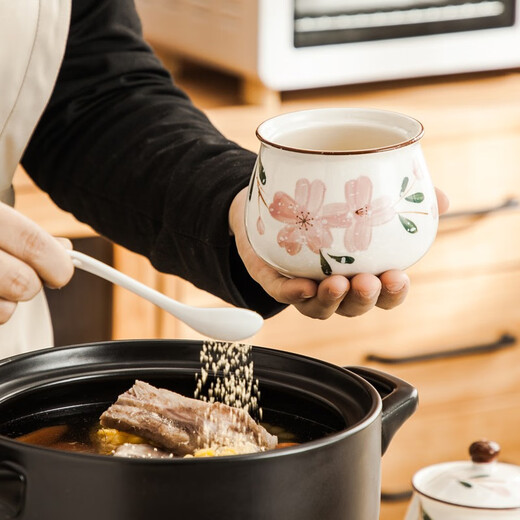 Duomeiran kitchen high-end seasoning jar ceramic salt jar chili jar household seasoning box seasoning bottle jar seasoning combination set Sakura three-piece set + ceramic plate