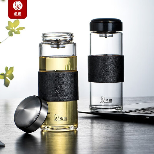 Sino Einschichtglas Tasse große Kapazität Tragbarer Autobecher mit Filtergitter verdickter Kristallbecher für die hitzebeständige transparente Teetasse von Herren mit PU-Ledertasche 6195 Originalfarbe