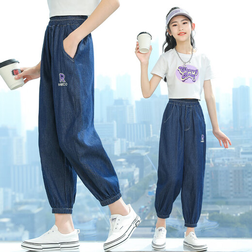 Nickybaby Moskito-vorsichtige Hosen Mädchen Sommerhosen Denim Lose Kinder Sommer Eis Seidenhose Freizeit große Kinder Mädchen Sommeranzug 5788 Dunkelblau + 9852 Ablauf [Set] 170