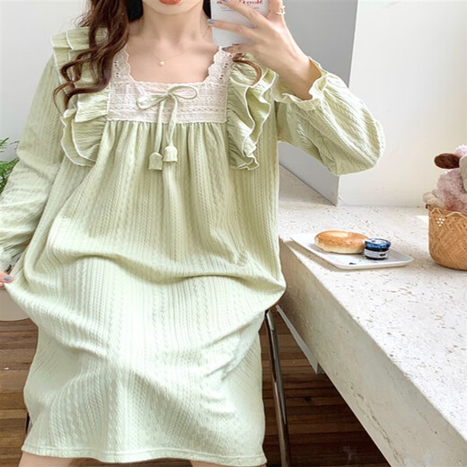 Princess Doretin style nightgown for girls in spring, autumn and winter, sweet lace mid-length pajamas dress thin home clothes sx#9904-1 square neck lace skirt gray M 160