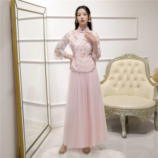 HANCHAOXIREN advanced custom-made Chinese-style dress, bridesmaid dress, fairy temperament, can be worn at ordinary times, Chinese-style slimming, large size fat mm sisters dress pink L [115-135Jin [Jin equals 0.5 kg]]