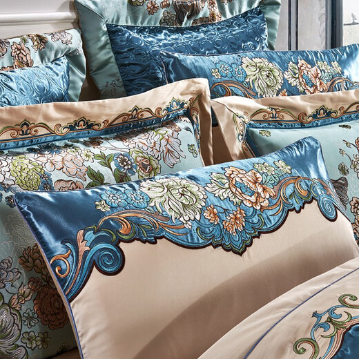 Edi Meng Home Textile European and American Luxury Bedding Villa Model Room Wedding Bedding Multi-Piece Kit Double Bed GZ Green and Blue Bed Cover Four-Piece Set 1.8m/2.0m Bed Width