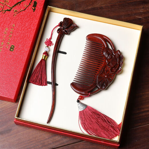 Meng Junchen red sandalwood comb handmade jade rabbit comb hairpin set for wife, girlfriend, mother's birthday, Valentine's Day gift, peach blossom gift box set