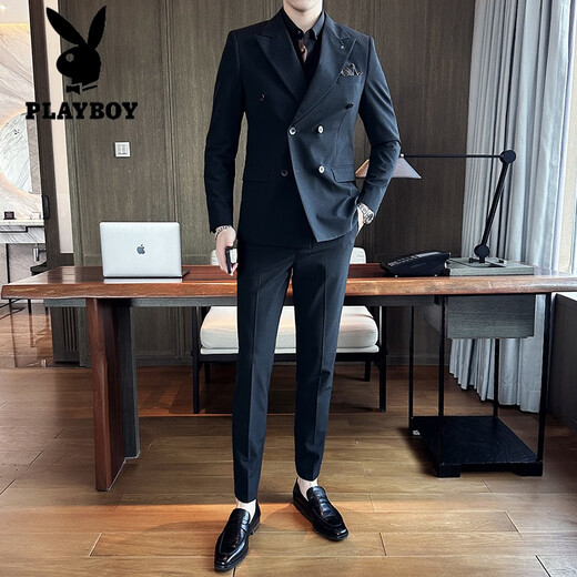Playboy wedding suit men's high-end 2025 new business men's double-breasted casual wedding suit jacket dark green XL recommended 140Jin Jin equals within 0.5kg