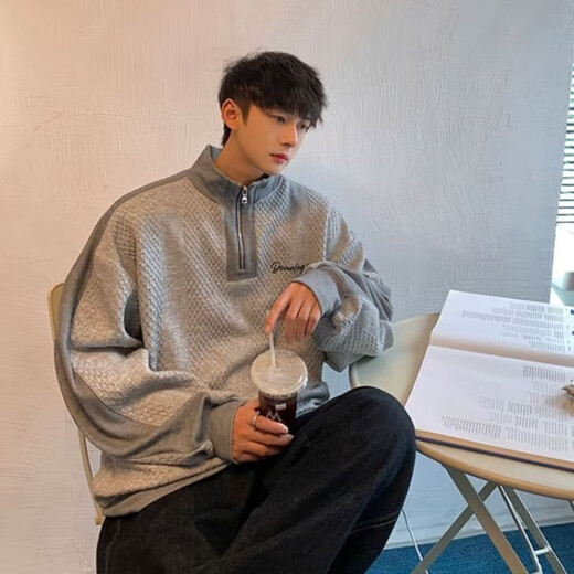 
POUM men's joint waffle sweatshirt men's autumn and winter new style teenager American trendy loose casual top jacket men JCF-679 white 3XL