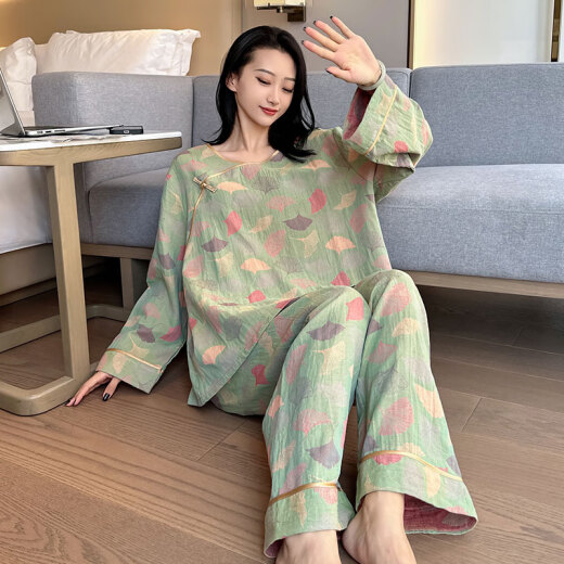 九红妃棉纱中式国风睡衣大码女胖mm夏季纯棉短袖九分裤套装家居服200斤 YZ16804 5XL （180-240斤）
