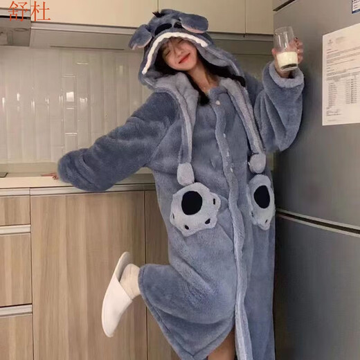 Shudu (SHUDU) Stilt cartoon couple internet celebrity style pajamas men and women autumn and winter coral velvet long nightgown for men plus velvet Stilt suit 2XL 175-190CM