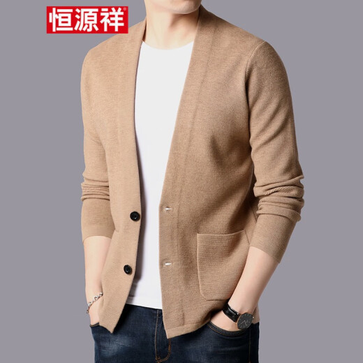 Hengyuanxiang spring and autumn new knitted cardigan men's Korean version v-neck wool cardigan long-sleeved solid color sweater men's sweater men's thin outer wear simple and generous dad sweater jacket black 170