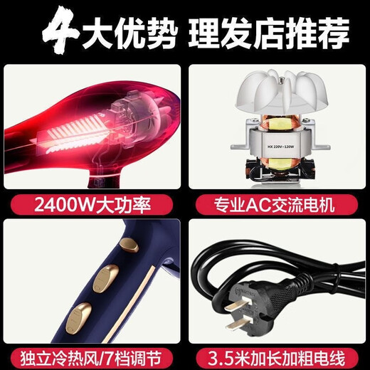 Kangfu Professional Hair Dryer Home Hair Dryer High Power 2400W Barber Shop High Speed Constant Temperature Quick Drying High Wind Hot and Cold Hair Hair Dryer KF-8956 Master Edition - Violet Blue 3.5M Salon Power Cord 2400W Six-speed Adjustment