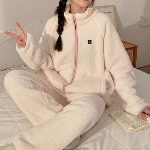 Yalu Coral Velvet Pajamas para mujeres en otoño e invierno de albaricoque simple Flannel cálido espesas con cremallera Two MJ S9903# Gray M 75 95Jin [Jin es igual a 0,5 kg]