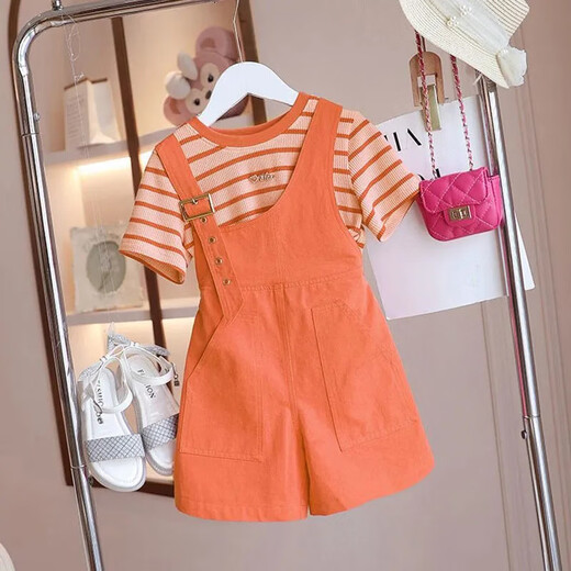 Qinyue (QINYUE) children's overalls suit for summer, Korean style, fashionable and western-style for girls and older children, 2023 new casual little girl two-piece set, single-piece buckle striped overalls skirt pink, size 140, recommended height 130cm