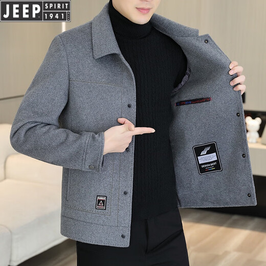 JEEP SPIRIT羊毛呢外套男士短款双面尼大衣秋冬新款男装加厚呢子夹克 常规 N2308/灰色/毛衣 XL 适合130-150斤