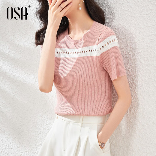 OSA Osha pink hollow sweater women's summer 2020 new slim fit short-sleeved top thin sweater fashion pink M