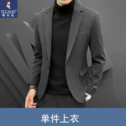 Woodpecker light mature style casual woolen suit men's autumn and winter new Korean style simple slim suit jacket men's W19 gray suit + MN6 gray trousers + E01 black sweater XL