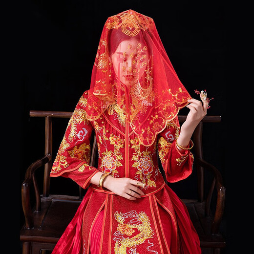 东之天地 新娘红盖头结婚半透明头纱秀禾服苏绣蒙头喜帕中式婚礼红色头巾 76*83cm【凰飞凤舞】红盖头1条