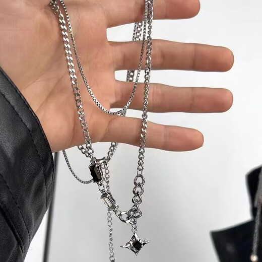 Jingji Star Double Layer Necklace Men's Trendy Clavicle Chain Hip Hop Style Advanced Pendant Fashion Jewelry Ins Light Luxury Style Star Double Layer Necklace 44+8cm