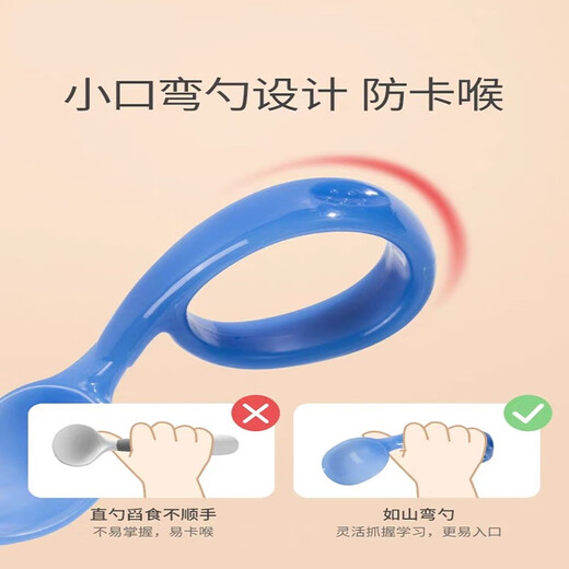 吉田久森宝宝学吃饭训练勺子弯头学食叉勺婴儿辅食勺练习自主进食儿童餐具 升级感温防滑款水墨蓝+收纳盒