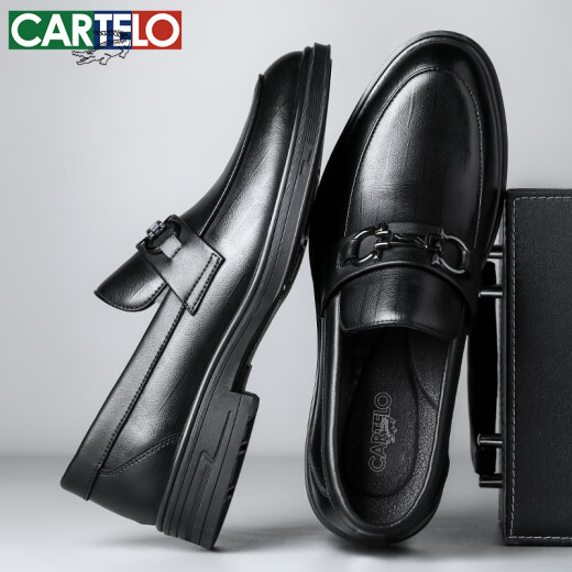 卡帝乐鳄鱼（CARTELO）男士乐福鞋商务休闲皮鞋格纹透气一脚蹬正装皮鞋男9902黑色41