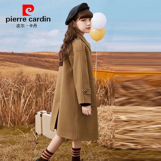Pierre Cardin Girls' Woolen Coat with Cotton Children's Woolen Coat Mid-Length Autumn and Winter New Style for Big Children Western Girls Prep Style Milk Tea Color 120cm