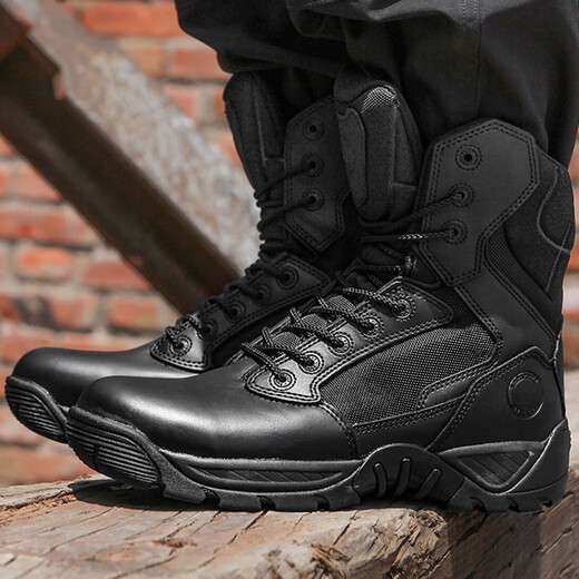 
Junluoke autumn and winter sting zipper combat boots men and women tactical boots flying land combat high-top black cowhide training boots D14099 black 42