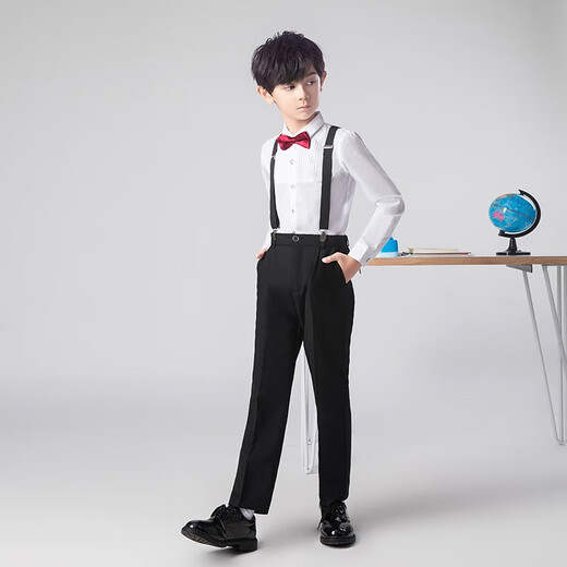Bohemian long-sleeved children's chorus costumes girls dance skirts boys suspenders primary school students host recitation performance costumes white-black long-sleeved trousers (velvet shirt) 150