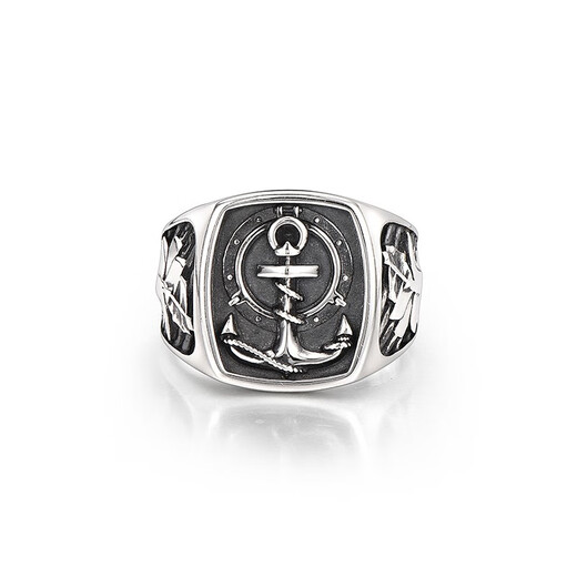 IDEAGEMER Handmade Silver Jewelry 925 Silver Anchor Ring Men's Personalized Niche Original Design Boys' Index Finger and Middle Finger Ring Anchor Ring - Opening No. 22-24