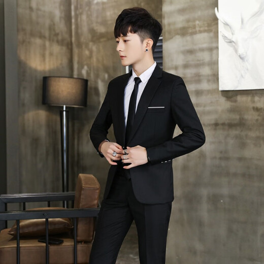 Yu Zhaolin Men's Four Seasons Suit 2-piece Set (Coat + Pants) Business Casual Work Groom and Best Man Wedding Dress YMTXFT195175 Black 2XL+33
