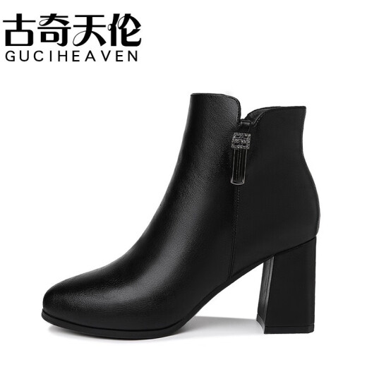 Gucci Tianlun short boots women's shoes pointed toe thick high-heeled leather shoes nude boots British style comfortable and versatile side zipper casual women's boots 5256 black 36