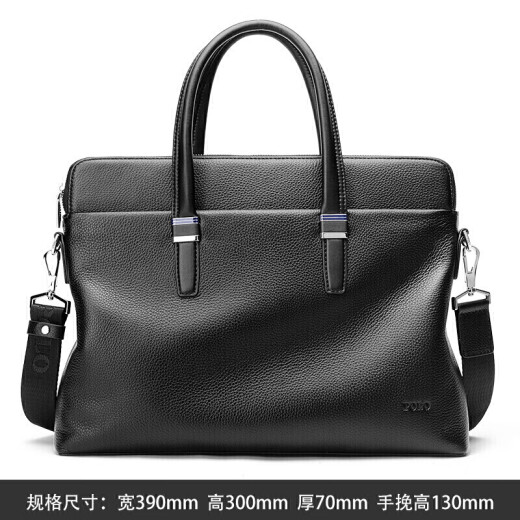 POLO men's briefcase first-layer cowhide horizontal business casual handbag shoulder crossbody bag can hold 14 inches ZY193P043J black