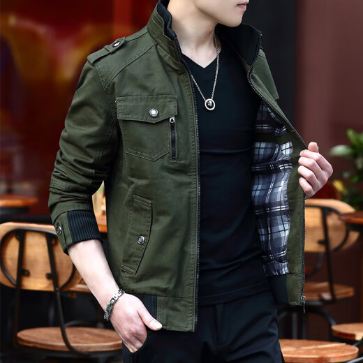 Fuguiniao Jacket Men's Jacket Spring and Autumn Long Sleeve New Slim Stand Collar Men's Casual Thin Cotton Clothes Young and Middle-aged Men's Clothes Velvet Thickened Guard Clothes Trendy Baseball Work Clothes Military Green (Thin Section) XL (Weight 115---138 Jin [Jin equals 0.5 kg], )