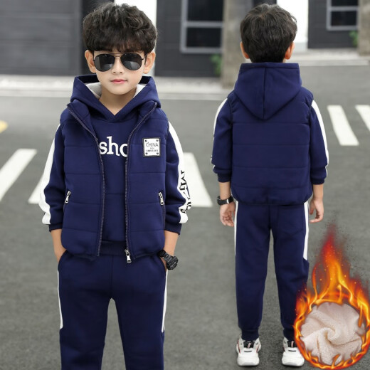 Taotianmao children's clothing boys' suit three-piece winter vest 2020 new children's suit sweatshirt medium and large children's clothing boys autumn and winter thickened boys outdoor vest pants clothes blue 150 (recommended height around 140)